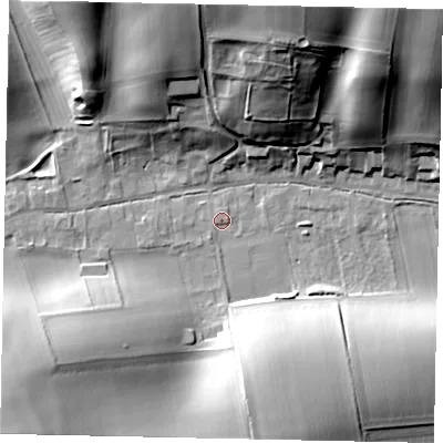 Shaded relief map of the ground around YO178HJ, computed from Environment Agency LiDAR. The ground here sits at about 72 m above sea level and falls 39 m across the surrounding 800 m. Surface water reaching this point runs off ground lying to the south-south-west, 1.1 m higher.