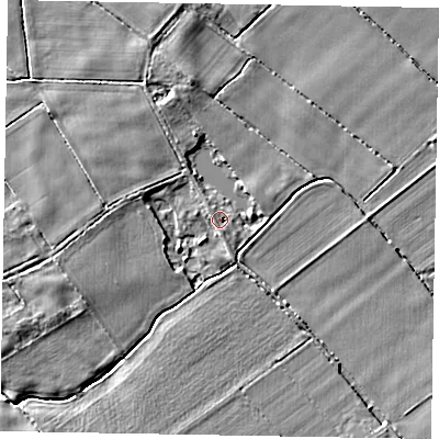 Shaded relief map of the ground around YO178JU, computed from Environment Agency LiDAR. The ground here sits at about 21 m above sea level and falls 4 m across the surrounding 800 m. Surface water reaching this point runs off ground lying to the north-north-west, 2.4 m higher.