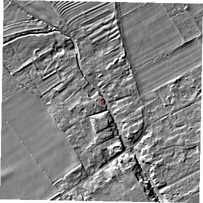 Shaded relief map of the ground around YO178JW, computed from Environment Agency LiDAR. The ground here sits at about 31 m above sea level and falls 10 m across the surrounding 800 m. Surface water reaching this point runs off ground lying to the south-east, 7.1 m higher.