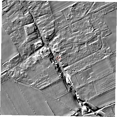 Shaded relief map of the ground around YO178LA, computed from Environment Agency LiDAR. The ground here sits at about 33 m above sea level and falls 13 m across the surrounding 800 m. Surface water reaching this point runs off ground lying to the south-south-east, 10.6 m higher.