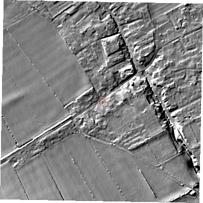 Shaded relief map of the ground around YO178LN, computed from Environment Agency LiDAR. The ground here sits at about 33 m above sea level and falls 14 m across the surrounding 800 m. Surface water reaching this point runs off ground lying to the south-east, 9.0 m higher.