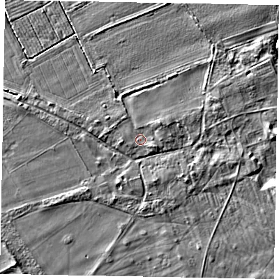 Shaded relief map of the ground around YO178NG, computed from Environment Agency LiDAR. The ground here sits at about 30 m above sea level and falls 7 m across the surrounding 800 m. Surface water reaching this point runs off ground lying to the east-south-east, 1.4 m higher.