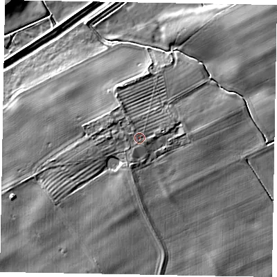 Shaded relief map of the ground around YO178NH, computed from Environment Agency LiDAR. The ground here sits at about 22 m above sea level and falls 7 m across the surrounding 800 m. The ground contributing surface water to this point lies to the west.
