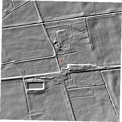 Shaded relief map of the ground around YO178PS, computed from Environment Agency LiDAR. The ground here sits at about 23 m above sea level and falls 7 m across the surrounding 800 m. Surface water reaching this point runs off ground lying to the south-east, 3.7 m higher.