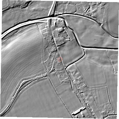 Shaded relief map of the ground around YO178SL, computed from Environment Agency LiDAR. The ground here sits at about 22 m above sea level and falls 6 m across the surrounding 800 m. Surface water reaching this point runs off ground lying to the north-west, 2.3 m higher.