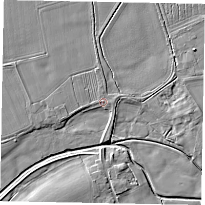 Shaded relief map of the ground around YO178SP, computed from Environment Agency LiDAR. The ground here sits at about 22 m above sea level and falls 6 m across the surrounding 800 m. Surface water reaching this point runs off ground lying to the north, 1.8 m higher.