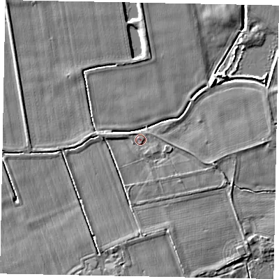 Shaded relief map of the ground around YO178SS, computed from Environment Agency LiDAR. The ground here sits at about 22 m above sea level and falls 7 m across the surrounding 800 m. Surface water reaching this point runs off ground lying to the south, 1.6 m higher.