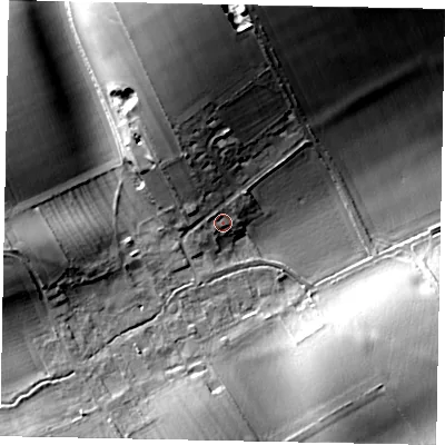 Shaded relief map of the ground around YO178TF, computed from Environment Agency LiDAR. The ground here sits at about 87 m above sea level and falls 26 m across the surrounding 800 m. Surface water reaching this point runs off ground lying to the north-north-west, 9.4 m higher.
