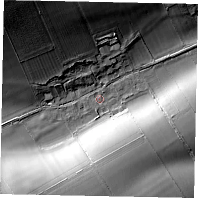 Shaded relief map of the ground around YO178TG, computed from Environment Agency LiDAR. The ground here sits at about 80 m above sea level and falls 36 m across the surrounding 800 m. Surface water reaching this point runs off ground lying to the north-west, 33.6 m higher.