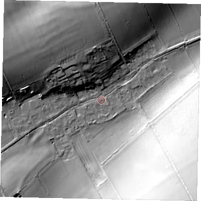 Shaded relief map of the ground around YO178TQ, computed from Environment Agency LiDAR. The ground here sits at about 76 m above sea level and falls 50 m across the surrounding 800 m. Surface water reaching this point runs off ground lying to the west-north-west, 14.6 m higher.