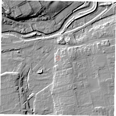 Shaded relief map of the ground around YO179AG, computed from Environment Agency LiDAR. The ground here sits at about 21 m above sea level and falls 20 m across the surrounding 800 m. Surface water reaching this point runs off ground lying to the east-south-east, 3.8 m higher.