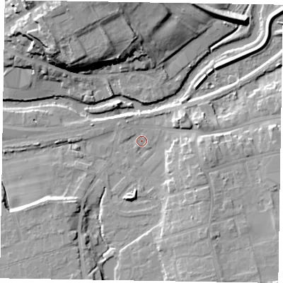Shaded relief map of the ground around YO179AH, computed from Environment Agency LiDAR. The ground here sits at about 18 m above sea level and falls 21 m across the surrounding 800 m. Surface water reaching this point runs off ground lying to the east-south-east, 6.8 m higher.