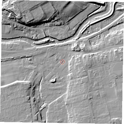 Shaded relief map of the ground around YO179AJ, computed from Environment Agency LiDAR. The ground here sits at about 18 m above sea level and falls 21 m across the surrounding 800 m. Surface water reaching this point runs off ground lying to the east-south-east, 6.7 m higher.