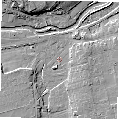 Shaded relief map of the ground around YO179AQ, computed from Environment Agency LiDAR. The ground here sits at about 19 m above sea level and falls 20 m across the surrounding 800 m. Surface water reaching this point runs off ground lying to the east, 6.3 m higher.