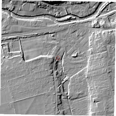 Shaded relief map of the ground around YO179DP, computed from Environment Agency LiDAR. The ground here sits at about 19 m above sea level and falls 17 m across the surrounding 800 m. Surface water reaching this point runs off ground lying to the east-south-east, 8.6 m higher.