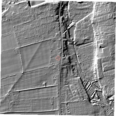 Shaded relief map of the ground around YO179DS, computed from Environment Agency LiDAR. The ground here sits at about 24 m above sea level and falls 9 m across the surrounding 800 m. Surface water reaching this point runs off ground lying to the south-south-west, 0.8 m higher.