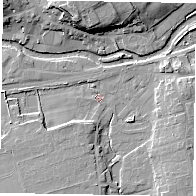 Shaded relief map of the ground around YO179DX, computed from Environment Agency LiDAR. The ground here sits at about 19 m above sea level and falls 20 m across the surrounding 800 m. Surface water reaching this point runs off ground lying to the south-east, 8.6 m higher.
