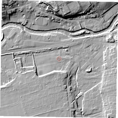 Shaded relief map of the ground around YO179DY, computed from Environment Agency LiDAR. The ground here sits at about 19 m above sea level and falls 20 m across the surrounding 800 m. Surface water reaching this point runs off ground lying to the south-east, 8.4 m higher.