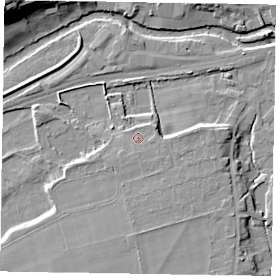 Shaded relief map of the ground around YO179EA, computed from Environment Agency LiDAR. The ground here sits at about 22 m above sea level and falls 23 m across the surrounding 800 m. Surface water reaching this point runs off ground lying to the east-south-east, 1.6 m higher.