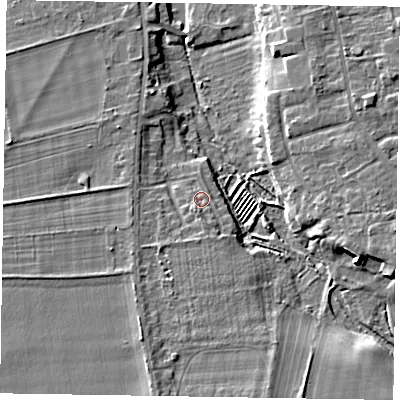 Shaded relief map of the ground around YO179EG, computed from Environment Agency LiDAR. The ground here sits at about 24 m above sea level and falls 9 m across the surrounding 800 m. Surface water reaching this point runs off ground lying to the south-south-east, 1.8 m higher.