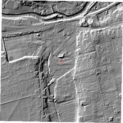 Shaded relief map of the ground around YO179EL, computed from Environment Agency LiDAR. The ground here sits at about 19 m above sea level and falls 13 m across the surrounding 800 m. Surface water reaching this point runs off ground lying to the east, 6.4 m higher.