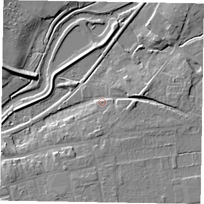 Shaded relief map of the ground around YO179ER, computed from Environment Agency LiDAR. The ground here sits at about 22 m above sea level and falls 10 m across the surrounding 800 m. Surface water reaching this point runs off ground lying to the east, 5.6 m higher.