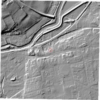 Shaded relief map of the ground around YO179FE, computed from Environment Agency LiDAR. The ground here sits at about 20 m above sea level and falls 22 m across the surrounding 800 m. Surface water reaching this point runs off ground lying to the south-south-west, 3.0 m higher.