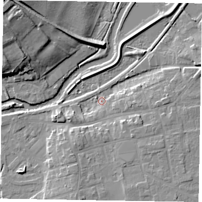 Shaded relief map of the ground around YO179HJ, computed from Environment Agency LiDAR. The ground here sits at about 19 m above sea level and falls 22 m across the surrounding 800 m. Surface water reaching this point runs off ground lying to the south-south-east, 8.0 m higher.