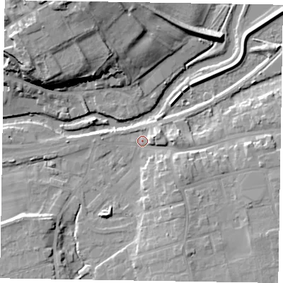 Shaded relief map of the ground around YO179HP, computed from Environment Agency LiDAR. The ground here sits at about 19 m above sea level and falls 22 m across the surrounding 800 m. Surface water reaching this point runs off ground lying to the south-east, 6.0 m higher.