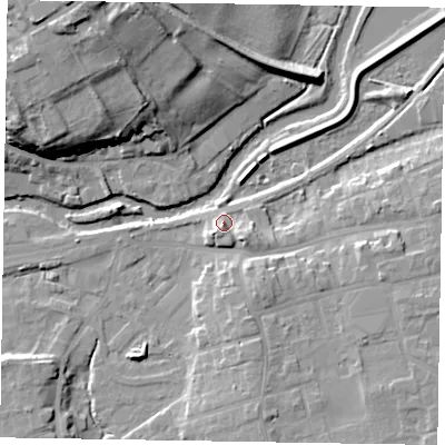 Shaded relief map of the ground around YO179HR, computed from Environment Agency LiDAR. The ground here sits at about 20 m above sea level and falls 23 m across the surrounding 800 m. Surface water reaching this point runs off ground lying to the south-east, 4.4 m higher.