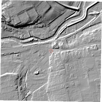 Shaded relief map of the ground around YO179HS, computed from Environment Agency LiDAR. The ground here sits at about 19 m above sea level and falls 21 m across the surrounding 800 m. Surface water reaching this point runs off ground lying to the east-south-east, 5.9 m higher.