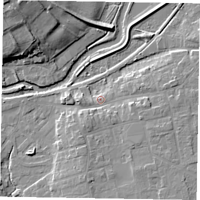 Shaded relief map of the ground around YO179HX, computed from Environment Agency LiDAR. The ground here sits at about 21 m above sea level and falls 22 m across the surrounding 800 m. Surface water reaching this point runs off ground lying to the south-south-east, 4.7 m higher.