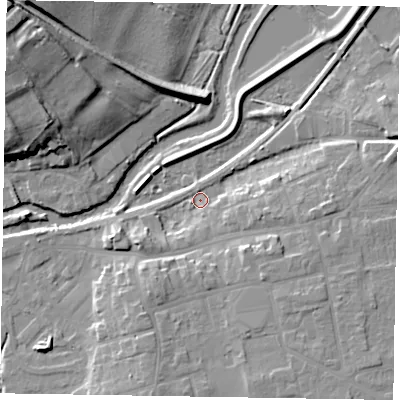 Shaded relief map of the ground around YO179HZ, computed from Environment Agency LiDAR. The ground here sits at about 19 m above sea level and falls 22 m across the surrounding 800 m. Surface water reaching this point runs off ground lying to the south-south-east, 8.0 m higher.