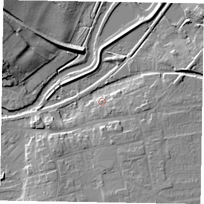 Shaded relief map of the ground around YO179JA, computed from Environment Agency LiDAR. The ground here sits at about 22 m above sea level and falls 18 m across the surrounding 800 m. Surface water reaching this point runs off ground lying to the east-south-east, 5.1 m higher.