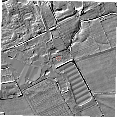 Shaded relief map of the ground around YO179NJ, computed from Environment Agency LiDAR. The ground here sits at about 22 m above sea level and falls 7 m across the surrounding 800 m. Surface water reaching this point runs off ground lying to the south, 2.8 m higher.