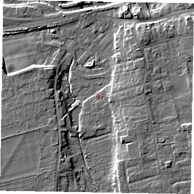 Shaded relief map of the ground around YO179PD, computed from Environment Agency LiDAR. The ground here sits at about 20 m above sea level and falls 12 m across the surrounding 800 m. Surface water reaching this point runs off ground lying to the east, 6.3 m higher.