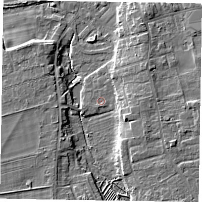 Shaded relief map of the ground around YO179PF, computed from Environment Agency LiDAR. The ground here sits at about 20 m above sea level and falls 10 m across the surrounding 800 m. Surface water reaching this point runs off ground lying to the south-east, 7.9 m higher.