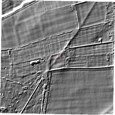 Shaded relief map of the ground around YO179QE, computed from Environment Agency LiDAR. The ground here sits at about 24 m above sea level and falls 9 m across the surrounding 800 m. Surface water reaching this point runs off ground lying to the north-east, 0.7 m higher.