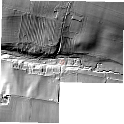 Shaded relief map of the ground around YO179QX, computed from Environment Agency LiDAR. The ground here sits at about 19 m above sea level and falls 28 m across the surrounding 800 m. Surface water reaching this point runs off ground lying to the north-east, 19.7 m higher.