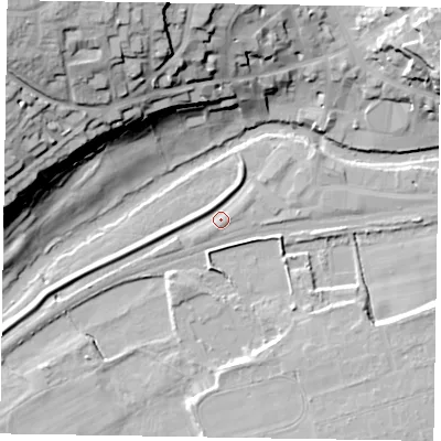 Shaded relief map of the ground around YO179RB, computed from Environment Agency LiDAR. The ground here sits at about 19 m above sea level and falls 38 m across the surrounding 800 m. Surface water reaching this point runs off ground lying to the north, 2.2 m higher.