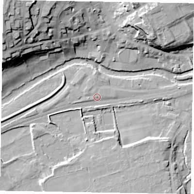 Shaded relief map of the ground around YO179RD, computed from Environment Agency LiDAR. The ground here sits at about 19 m above sea level and falls 33 m across the surrounding 800 m. Surface water reaching this point runs off ground lying to the south, 1.9 m higher.