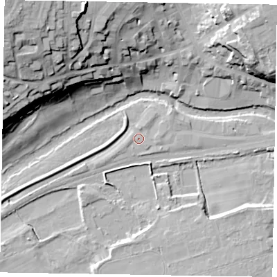 Shaded relief map of the ground around YO179RE, computed from Environment Agency LiDAR. The ground here sits at about 19 m above sea level and falls 36 m across the surrounding 800 m. Surface water reaching this point runs off ground lying to the east-north-east, 1.5 m higher.