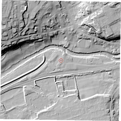 Shaded relief map of the ground around YO179RF, computed from Environment Agency LiDAR. The ground here sits at about 19 m above sea level and falls 34 m across the surrounding 800 m. Surface water reaching this point runs off ground lying to the north-east, 1.4 m higher.