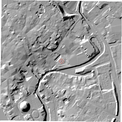 Shaded relief map of the ground around YO17AE, computed from Environment Agency LiDAR. The ground here sits at about 9 m above sea level and falls 19 m across the surrounding 800 m. Surface water reaching this point runs off ground lying to the north-west, 8.3 m higher.