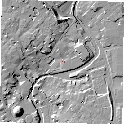 Shaded relief map of the ground around YO17AF, computed from Environment Agency LiDAR. The ground here sits at about 10 m above sea level and falls 19 m across the surrounding 800 m. Surface water reaching this point runs off ground lying to the east-north-east, 2.9 m higher.