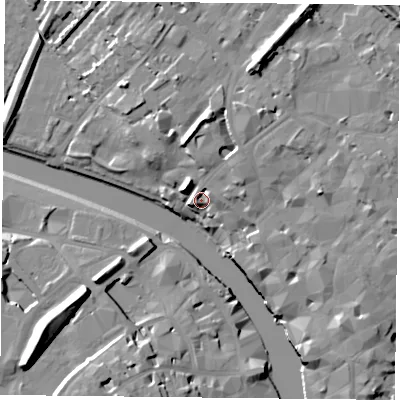 Shaded relief map of the ground around YO17DJ, computed from Environment Agency LiDAR. The ground here sits at about 13 m above sea level and falls 19 m across the surrounding 800 m. Surface water reaching this point runs off ground lying to the north, 10.7 m higher.