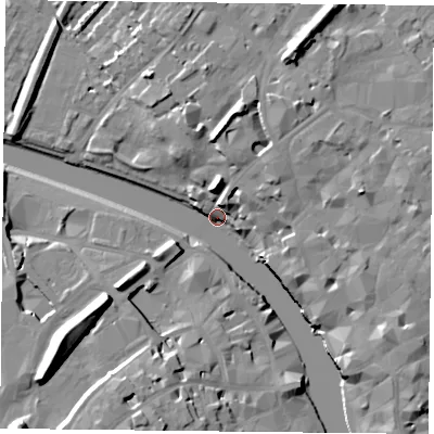 Shaded relief map of the ground around YO17DP, computed from Environment Agency LiDAR. The ground here sits at about 8 m above sea level and falls 19 m across the surrounding 800 m. Surface water reaching this point runs off ground lying to the south-west, 18.4 m higher.