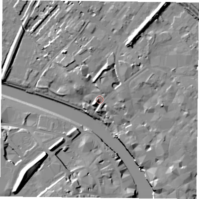 Shaded relief map of the ground around YO17DR, computed from Environment Agency LiDAR. The ground here sits at about 15 m above sea level and falls 19 m across the surrounding 800 m. Surface water reaching this point runs off ground lying to the north-north-east, 8.5 m higher.