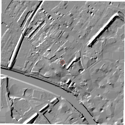 Shaded relief map of the ground around YO17FR, computed from Environment Agency LiDAR. The ground here sits at about 16 m above sea level and falls 18 m across the surrounding 800 m. Surface water reaching this point runs off ground lying to the west-south-west, 2.9 m higher.