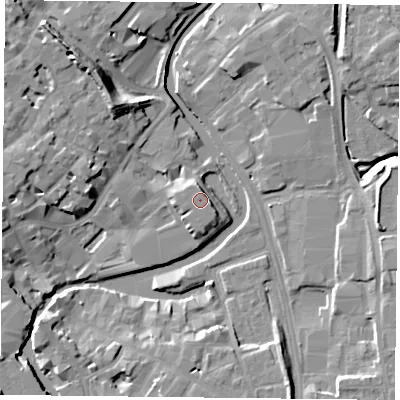 Shaded relief map of the ground around YO17NA, computed from Environment Agency LiDAR. The ground here sits at about 12 m above sea level and falls 13 m across the surrounding 800 m. The ground contributing surface water to this point lies to the north.